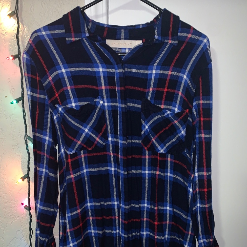 Size Large - Black, blue, and red plaid shirt